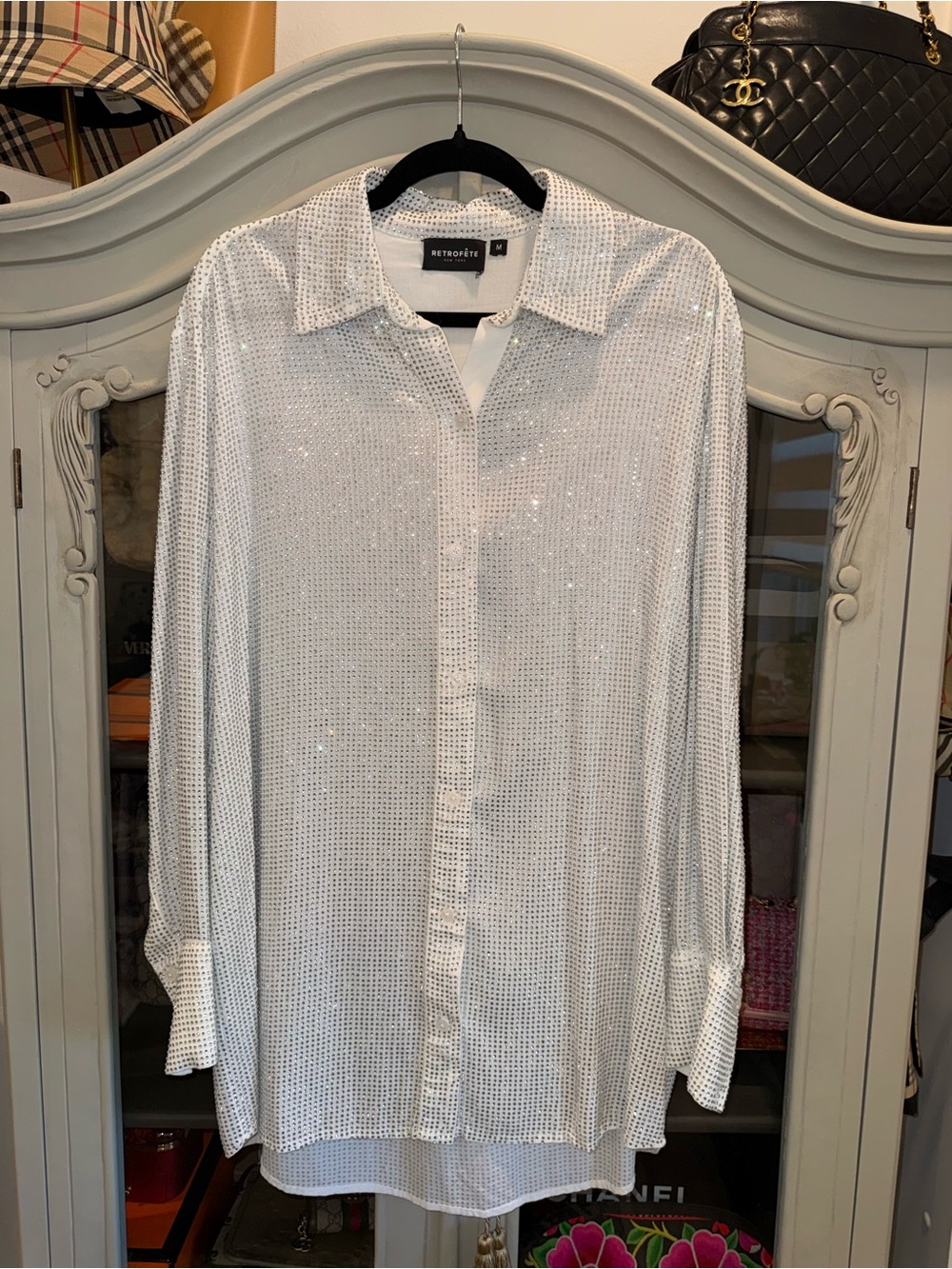 Retrofete Womens Rhinestone Button Down Oversized Collared Shirt Dress White M